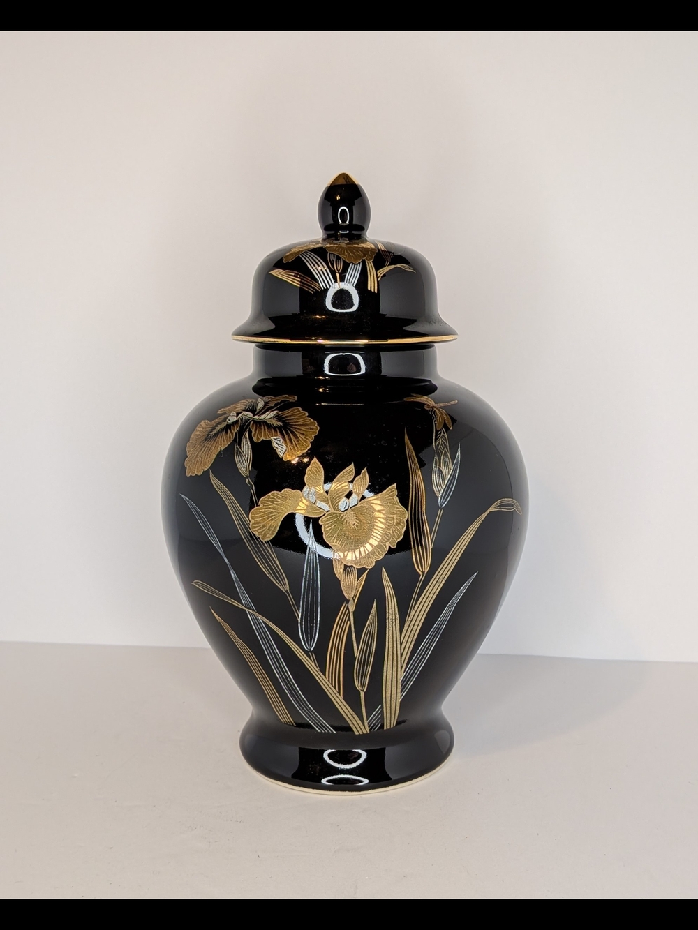 Vintage Artmark Japan Ginger Jar Urn Vase Floral Bird Black Gold Trim 8" Tall